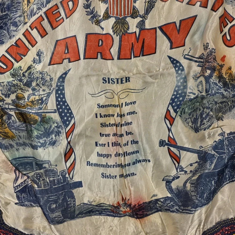 Vintage WWII United States Army Sister Souvenir Pillow Cover Fringe 15.5‎ x 18